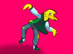  4:3 anatid anseriform anthro avian belt bird black_clothing black_footwear black_shoes bottomwear clothed clothing duck duck_anderson feathers footwear friends_vs_friends fully_clothed green_clothing green_jacket green_topwear grey_bottomwear grey_clothing grey_pants hi_res jacket pants pink_background purple_eyelids shoes simple_background solo spazlovesdew toony topwear torn_bottomwear torn_clothing torn_pants yellow_body yellow_feathers 