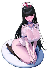  alternate_costume black_hair black_socks blue_archive blush breasts bright_pupils collarbone female full_body gym_shirt hair_ornament hairpin halo highres large_breasts long_hair looking_at_viewer magya416 md5_mismatch no_panties open_mouth red_eyes rio_(blue_archive) see-through see-through_shirt shirt short_sleeves simple_background socks solo tongue tongue_out wet wet_clothes wet_shirt white_background white_pupils white_shirt 