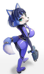  2024 absurd_res accessory anthro ass beads big_breasts big_butt blue_body blue_fur blue_hair bodysuit boots breasts butt_pose canid canine circlet clothing dipstick_tail eyebrows eyelashes female footwear fox fur furgonomics glistening glistening_bodysuit glistening_clothing glistening_skinsuit gonzarez1938 green_eyes gun hair hair_accessory hair_beads handgun hi_res krystal_(star_fox) looking_at_viewer mammal markings metal_beads nintendo on_model open_mouth open_smile pose ranged_weapon short_hair simple_background skinsuit smile solo star_fox tail tail_accessory tail_markings tailband tight_clothing weapon white_background white_body white_fur 