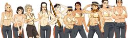  6+girls adjusting_eyewear amputee bikini bikini_top_only black_eyes black_hair black_pants blue_eyes breasts brown_eyes brown_hair brown_pants chengongzi123 chinese_commentary closed_mouth commentary_request cowboy_shot earrings finger_gun food fruit genderswap_(mtf) golden_kamuy grey_hair gun hand_on_own_head hand_on_own_hip hand_up hands_up highres holding holding_gun holding_mallet holding_smoking_pipe holding_weapon jewelry kiroranke koito_otonoshin large_breasts long_hair looking_at_another looking_at_viewer looking_to_the_side mallet medium_breasts military_uniform mixed-language_commentary multiple_girls nikaidou_kouhei ogata_hyakunosuke open_mouth orange_(fruit) pants photo_(object) red_lips rifle rule_63 scar scar_on_arm scar_on_cheek scar_on_face scar_on_neck scar_on_nose scar_on_stomach scarf shiraishi_yoshitake short_hair simple_background smoking_pipe standing sugimoto_saichi swimsuit tanigaki_genjirou toned tsukishima_hajime tsurumi_tokushirou uniform usami_tokishige very_short_hair weapon white_background yellow_scarf 