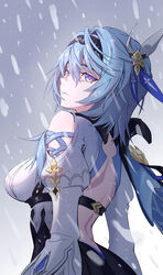  absurdres back backless_outfit black_hairband blue_cape blue_hair breasts cape chest_harness clothing_cutout eula_(genshin_impact) female film_grain from_behind genshin_impact grey_background hair_between_eyes hair_ornament hairband harness highres looking_at_viewer looking_back median_furrow medium_breasts medium_hair parted_lips purple_eyes shoulder_cutout side_cape sidelocks snowing solo ssssolagu upper_body white_sleeves wide_sleeves 