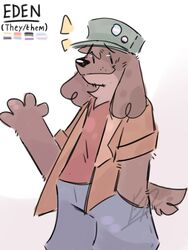  3:4 accessory anthro asexual_pride_colors black_nose blue_bottomwear blue_clothing blue_jeans blue_pants bottomwear brown_body brown_clothing brown_fur brown_jacket brown_topwear canid canine canis character_name clothed clothing denim denim_bottomwear denim_clothing digital_media_(artwork) domestic_dog eden_(onlyygaru) english_text eyebrows fully_clothed fur green_clothing green_hat green_headwear hand_in_pocket happy hat headgear headwear hi_res jacket jeans lgbt_pride male mammal model_sheet multicolored_accessory nonbinary_(lore) nonbinary_pride_colors onlyygaru open_clothing open_jacket open_topwear pansexual_pride_colors pants pin_accessory pin_button pockets portrait pride_color_accessory pride_colors pride_pin pronouns red_clothing red_shirt red_topwear shirt signature simple_background smile solo standing tail text three-quarter_portrait three-quarter_view topwear transgender_pride_colors watermark wave white_background 