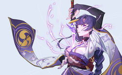  absurdres arm_up blunt_bangs breasts bridal_gauntlets electricity female genshin_impact grey_background hand_up highres holding holding_sword holding_weapon human_scabbard japanese_clothes kimono long_hair looking_at_viewer looking_to_the_side low-braided_long_hair low-tied_long_hair medium_breasts mitsudomoe_(shape) musou_isshin_(genshin_impact) neck_ribbon obi obiage obijime parted_lips purple_eyes purple_hair purple_kimono purple_nails raiden_shogun ribbon sash sidelocks simple_background solo ssssolagu sword tomoe_(symbol) upper_body weapon wide_sleeves 