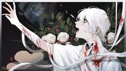  1boy arm_up bandaged_arm bandaged_neck bandages black_background black_nails blood blood_on_arm blood_on_bandages blood_on_clothes blood_on_neck flower hand_up highres hospital_gown looking_at_viewer looking_to_the_side maddy_(minai_mosa) male_focus minai_mosa open_mouth original outstretched_arms purple_eyes reaching rose short_hair solo upper_body white_flower white_hair white_rose wide_sleeves 