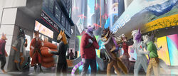  absurd_res anthro arctil-noddedur bat canid canine canis city cityscape cyberpunk detailed_background english_text felid female fox group hi_res humanoid lights male mammal pantherine science_fiction sergal street tarin_nailo text tiger wolf 