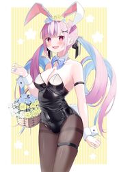  animal_ears arm_strap bare_shoulders basket black_leotard blue_bow blue_bowtie blue_flower blue_hair blue_nails blush bow bowtie breasts cleavage colored_inner_hair detached_collar fake_animal_ears fake_tail female flower hair_ornament highres holding holding_basket hololive large_breasts leotard long_hair looking_at_viewer minato_aqua multicolored_hair open_mouth pantyhose playboy_bunny purple_eyes purple_hair rabbit_ears rabbit_tail shokorate solo strapless strapless_leotard tail thigh_strap thighband_pantyhose twintails two-tone_hair virtual_youtuber wrist_cuffs x_hair_ornament yellow_flower 