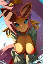  bent_over blue_eyes breasts closed_mouth dark-skinned_female dark_skin earrings eyelashes eyewear_on_head female highres hoop_earrings jaibus jewelry large_breasts long_hair long_sleeves looking_at_viewer pointy_ears ponytail purple_hair shantae shantae_(series) smile solo sunglasses very_long_hair water 