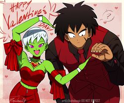  1boy ? arm_ribbon bahnloopi black_eyes black_hair black_shirt breasts broly_(dragon_ball_super) cheelai choker collared_shirt colored_skin confused crop_top dragon_ball dragon_ball_super dragon_ball_super_broly failure female green_skin grey_hair happy_valentine heart heart_arms_duo heart_background heart_hands heart_hands_duo heart_hands_failure heart_necklace height_difference highres jacket jewelry leaning_forward midriff navel necklace necktie pink_background purple_eyes red_choker red_jacket red_necktie red_shirt red_suit red_vest ribbon scar scar_on_face shirt short_hair sleeveless sleeveless_blazer sleeveless_jacket sleeveless_shirt smile spoken_question_mark strapless suit tall_male tube_top very_short_hair vest white_hair you&#039;re_doing_it_wrong 