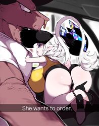  1boy animal_ears ass asymmetrical_horns black_horns breasts cow_ears cow_girl cow_horns cow_tail crystal crystal_horns drive-thru english_text female gigantic_breasts he_wants_to_order_(meme) high_heels horns huge_breasts huge_horns large_pectorals mato_tsuyoi meme mismatched_horns opal_(gemstone) oppai_loli original pectorals short_shorts shorts tail tank_top white_hair yamada_vanhouten_(mato_tsuyoi) 