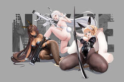  3girls 777_(nikke) absurdres animal_ears ass black_castor_(nikke) blanc_(nikke) blonde_hair breasts dark-skinned_female dark_skin fake_animal_ears goddess_of_victory:_nikke grey_hair gun highres holding holding_gun holding_weapon large_breasts leotard long_hair maki_(user_fyjx4337) multiple_girls noir_(nikke) playboy_bunny rupee_(nikke) rupee_(rabbit_deluxe)_(nikke) thong_leotard weapon white_pollux_(nikke) 