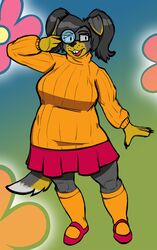  2024 anthro arandomdog big_breasts border_collie bottomwear breasts buckteeth canid canine canis clothing collie color_edit colored cosplay domestic_dog eliza_edington eyewear female glasses hanna-barbera herding_dog hi_res mammal pastoral_dog scooby-doo_(series) sheepdog simple_background skirt slightly_chubby solo stupidgnoll teeth third-party_edit twintails velma_dinkley 