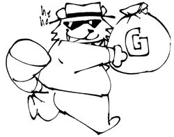  2024 anthro ass biped clothing duo eyewear hat headgear headwear killer_outlet mammal mo_(undertale_yellow) money_bag monochrome open_mouth procyonid raccoon running slightly_chubby smile solo sunglasses undertale_yellow 