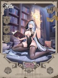  absurdly_long_hair arkhangelsk_(azur_lane) arkhangelsk_(supporting_sorceress)_(azur_lane) artist_request azur_lane black_garter_straps blue_hair book bookshelf breasts brown_thighhighs commentary english_commentary english_text female garter_straps highres holding holding_book indoors large_breasts long_hair looking_at_viewer northern_parliament_(emblem) official_art pelvic_curtain promotional_art revealing_clothes solo thighhighs very_long_hair yellow_eyes 