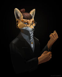  absurd_res anthro arctil-noddedur beard canid canine clothing detailed detailed_fur ear_piercing eyebrow_piercing eyewear facial_hair facial_piercing fox fur glasses half-closed_eyes hi_res icon male mammal narrowed_eyes piercing solo suit 