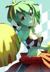  bare_shoulders breasts checkered_clothes colored_skin crop_top female green_hair green_skin hairband headset highres jaibus looking_at_viewer navel pom_pom_(cheerleading) red_eyes rottytops shantae_(series) short_hair solo teeth yellow_hairband 