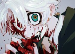  1boy black_liquid black_nails blood blood_in_hair blood_on_clothes blood_on_face blue_eyes collared_shirt crazy_eyes fangs grey_background hair_between_eyes hands_up heart heart_(organ) heterochromia holding holding_heart looking_at_viewer maddy_(minai_mosa) male_focus minai_mosa multicolored_eyes open_mouth original red_eyes ringed_eyes shirt short_hair simple_background solo upper_body very_short_hair white_hair yellow_eyes 