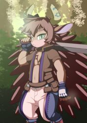  absurd_res anthro beat_bladesman_fur_hire brown_body brown_clothing clothing duel_monster eulipotyphlan fur_hire hedgehog hi_res holding_object holding_weapon horn looking_at_viewer male mammal melee_weapon sword vulapa weapon yu-gi-oh! 