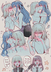  3girls bang_dream! bang_dream!_it&#039;s_mygo!!!!! baseball_cap bite_mark black_hat black_necktie black_shirt blonde_hair blue_hair blush brown_hair character_request commentary eighth_note english_text eye_contact hat heart highres kissing kissing_cheek long_hair long_sleeves looking_at_another maybecrosswise medium_hair misumi_uika multiple_girls musical_note necktie nude one_eye_closed open_mouth pink_eyes pink_skirt purple_eyes purple_skirt saliva saliva_trail shirt shirt_grab short_sleeves skirt sleeveless sleeveless_shirt smile speech_bubble star_(symbol) sweat togawa_sakiko white_shirt yuri 