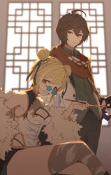  1boy ahoge armpits backlighting bare_shoulders bishounen black_pants black_shorts blonde_hair breasts brown_eyes brown_hair chinese_clothes cleavage_cutout clothing_cutout coat commentary_request cowboy_shot djeeta_(granblue_fantasy) double_bun female fur-trimmed_coat fur_trim granblue_fantasy grin hair_between_eyes hair_bun hair_intakes hair_ornament hand_up highres hip_vent holding holding_smoking_pipe light_frown light_particles looking_at_viewer medium_breasts messy_hair p_okate pants red_eyes red_scarf round_eyewear sandalphon_(granblue_fantasy) sandalphon_(primarch_afterhours)_(granblue_fantasy) scarf short_hair shorts silverroar&#039;s_swiftclaw_(granblue_fantasy) sitting smile smoking_pipe thighhighs thong 