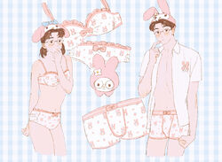  1boy animal_hat blue_background boxers bra brown_eyes brown_hair character_print chengongzi123 closed_mouth commentary cosplay cropped_legs dual_persona female gingham_background hand_up hat highres kogure_kiminobu looking_at_viewer male_underwear my_melody my_melody_(cosplay) no_shirt panties rabbit_hat sanrio short_hair slam_dunk_(series) standing symbol-only_commentary underwear underwear_only very_short_hair white_male_underwear white_panties 