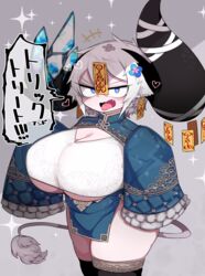  animal_ears asymmetrical_horns black_horns blue_eyes blue_hair breasts chinese_clothes cleavage cow_ears cow_girl cow_horns cow_tail crystal crystal_horns curvy female halloween heart heart-shaped_pupils highres horns huge_breasts huge_horns jiangshi mato_tsuyoi mismatched_horns oerba_yun_fang opal_(gemstone) oppai_loli original pelvic_curtain piercing plump short_hair simple_background sleeves_past_wrists sparkle symbol-shaped_pupils tail talisman thighhighs tongue tongue_out tongue_piercing white_background white_hair yamada_vanhouten_(mato_tsuyoi) 