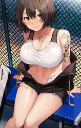  absurdres azur_lane baltimore_(azur_lane) baltimore_(black_ace)_(azur_lane) bare_shoulders black_jacket black_shorts blush braid breasts brown_eyes brown_hair chain-link_fence cleavage commentary_request female fence flower_tattoo hair_between_eyes highres jacket large_breasts looking_at_viewer motono_(sakamotono) navel off_shoulder official_alternate_costume photoshop_(medium) see-through see-through_sports_bra short_hair short_shorts shorts sitting skirt smile solo sports_bra sportswear sweatdrop tattoo wet_bra white_sports_bra 