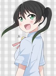  black_hair bow bowtie female gradient_hair green_eyes green_hair hair_between_eyes highres looking_at_viewer looking_back love_live! love_live!_nijigasaki_high_school_idol_club medium_hair multicolored_hair neck_ribbon nijigasaki_school_uniform open_mouth pink_bow pink_bowtie ribbon school_uniform short_sleeves signature smile solo summer_uniform takasaki_yu twintails two-tone_hair zero-theme 