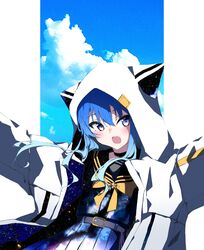  absurdres animal_hood bad_id bad_twitter_id belt blue_eyes blue_hair blush bow choker cloud cowboy_shot female gradient_hair hair_between_eyes highres hololive hood hood_up hooded_jacket hoshimachi_suisei hoshimachi_suisei_(school_uniform) jacket light_blue_hair long_hair looking_to_the_side mokoso multicolored_hair oerba_yun_fang official_alternate_costume official_alternate_hair_length official_alternate_hairstyle open_mouth outstretched_arms pleated_skirt sailor_collar school_uniform sidelocks skin_fang skirt sky solo space_print star_(sky) starry_sky starry_sky_print virtual_youtuber white_jacket 