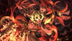  1boy abs bara bare_pectorals bellsaltr chest_tattoo dark_skin demon_boy demon_horns fingernails fire from_above highres horns ifrit_(housamo) large_pectorals looking_at_viewer male_focus monster_boy muscular muscular_male navel nipples orange_eyes pectorals pelvic_curtain pointy_ears red_hair sharp_fingernails short_hair solo spiked_hair stomach tattoo thick_thighs thighs tokyo_afterschool_summoners wind 