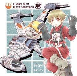  :o a/sf-01_b-wing animification black_gloves boots commentary_request female gloves helmet holding holding_helmet looking_at_viewer nosh open_hand open_mouth original pilot_suit rebel_alliance rebel_pilot red_eyes science_fiction short_hair spacecraft star_wars starfighter 