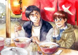  1boy black_hair blue_eyes bowl brown_eyes casual commentary_request cooking_pot cup female food grin hood hooded_jacket izumi_noa jacket kidou_keisatsu_patlabor lantern letterman_jacket looking_at_another looking_to_the_side noodles noren own_hands_together painting_(medium) paper_lantern ramen red_hair restaurant shinohara_asuma short_hair signature sitting smile steam texture traditional_media ususionorisio watercolor_(medium) winter_clothes 