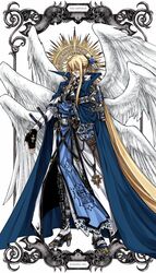  1boy adapted_costume angel_wings belt blonde_hair closed_mouth cross dong_hole english_text fingerless_gloves gloves guilty_gear guilty_gear_xrd high_heels highres ky_kiske long_hair magnolia_eclair_ii male_focus multiple_belts multiple_wings ponytail sheath sword tarot tarot_(medium) the_emperor_(tarot) weapon wings 