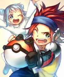  1boy arms_up bad_id bad_pixiv_id blue_hairband blue_pants blurry blush brother_and_sister dress female gloves green_eyes hairband holding holding_poke_ball jacket jovi_(pokemon) long_sleeves michael_(pokemon) one_eye_closed open_mouth pants poke_ball poke_ball_(basic) pokemon pokemon_xd red_hair sekka_koyori shoulder_pads siblings sleeveless sleeveless_jacket smile spiked_hair teeth tongue white_dress yellow_jacket 