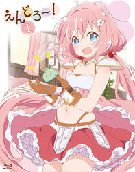  ahoge armor blu-ray_cover blue_eyes blush brown_gloves commentary_request copyright_name cover curtains endro! female flower frilled_skirt frills gloves hair_between_eyes hair_flower hair_ornament hairclip iizuka_haruko long_hair looking_at_viewer low_twintails navel open_mouth pink_hair red_skirt shoulder_armor skirt solo twintails window yuria_shardet 