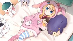  animal_ears animal_hood aoi_id asymmetrical_legwear bed beret blonde_hair blue_eyes blush bow character_doll character_request closed_mouth collared_shirt commentary ear_bow feet_out_of_frame female green_hat hat heterochromia highres hood hood_up hoodie hugging_object knees_together_feet_apart long_hair long_sleeves looking_at_viewer lying millie_adelaide mismatched_legwear on_back on_bed pillow pink_bow pink_hoodie pink_legwear polka_dot polka_dot_legwear puffy_long_sleeves puffy_sleeves rabbit_ears rabbit_hood red_eyes rutorifuki shirt sleeves_past_wrists smile solo striped_clothes striped_thighhighs stuffed_animal stuffed_rabbit stuffed_toy thighhighs unworn_shirt virtual_youtuber white_shirt 