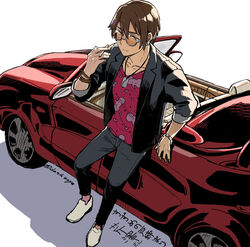  1boy brown_hair car cigarette collarbone commentary convertible glasses highres holding holding_cigarette looking_at_viewer male_focus motor_vehicle noyama_kakeru serizawa_tomoya short_hair smoke solo suzume_no_tojimari translated 