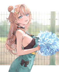  aqua_dress bare_shoulders belt black_bow black_bustier black_choker blue_eyes bow breasts choker commentary_request day dress female fence from_side hair_bun hair_ornament harupy holding holding_pom_poms igarashi_rika igarashi_rika_(1st_costume) long_hair looking_at_viewer medium_breasts multicolored_hair nijisanji o-ring o-ring_choker open_mouth orange_hair outdoors pom_pom_(cheerleading) sideboob single_side_bun solo star_(symbol) star_hair_ornament streaked_hair virtual_youtuber white_hair yellow_belt 