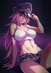  absurdres arm_strap arm_support breasts chains collarbone commentary covered_nipples crop_top cutoffs female final_fight fish.boy hair_between_eyes hand_on_headwear hat highres large_breasts leaning_back long_hair looking_at_viewer navel peaked_cap poison_(final_fight) purple_eyes purple_hair sitting solo street_fighter street_fighter_v tank_top 