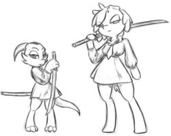  anthro black_and_white clothed clothing duo equid equine female feral hi_res horse kobold mammal melee_weapon monochrome pony pooky_(pooky&#039;s_goodra) pose sword telsie weapon 