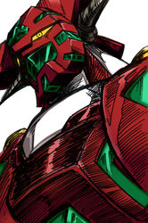  absurdres close-up drill from_below getter_robo hatching_(texture) head_tilt highres looking_ahead mecha myon2 no_humans robot science_fiction shin_getter-1 shin_getter_robo solo super_robot yellow_eyes 