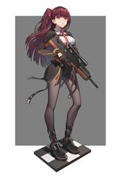  black_footwear black_gloves black_pantyhose blunt_bangs blush boots breasts brown_hair bullpup collar collared_shirt commentary_request female full_body girls&#039;_frontline gloves grey_background gun hair_ribbon half_updo highres holding holding_gun holding_weapon jiachong_jun_z large_breasts long_hair long_sleeves looking_at_viewer necktie one_side_up pantyhose parted_lips red_eyes red_necktie red_ribbon ribbon rifle scope shirt simple_background skirt sniper_rifle solo standing wa2000_(girls&#039;_frontline) walther walther_wa_2000 weapon 