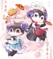  :o apron blue_dress bread brown_eyes clothed_pokemon coco7 commentary cookie croissant cup dress english_commentary english_text food frown full_body furry indeedee indeedee_(female) indeedee_(male) melon_bread pikachu pokemon pokemon_(creature) tea teacup 