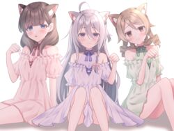  3girls absurdres ahoge animal_ears blunt_bangs blush cat_ears clothing_cutout dress extra_ears frilled_dress frills hair_between_eyes highres hoshi_syoko idolmaster idolmaster_cinderella_girls knees_up looking_at_viewer morikubo_nono multiple_girls nyan ringlets sahara_tsugumi sakuma_mayu shoulder_cutout sitting smile straight_hair under_the_desk_(idolmaster) 