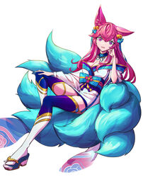  :d absurdres ahri_(league_of_legends) animal_ears bare_shoulders blue_thighhighs bow breasts caca_(1zz1) cleavage female fox_ears fox_tail full_body green_bow grey_background hand_up head_rest highres japanese_clothes kimono large_breasts league_of_legends long_hair multiple_tails oerba_yun_fang pink_hair simple_background smile solo spirit_blossom_ahri tabi tail thighhighs white_kimono white_thighhighs 