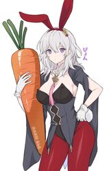  akina_(akn_646) alternate_color animal_ears bangs between_breasts black_leotard blue_eyes blush breasts bunny_ears bunny_tail bunnysuit byleth_(fire_emblem) byleth_(fire_emblem)_(female) carrot cleavage closed_mouth commentary_request eyebrows_visible_through_hair fake_animal_ears fake_tail female fire_emblem fire_emblem:_three_houses gloves hairband holding large_breasts leotard looking_at_viewer pantyhose red_hairband red_legwear silver_hair simple_background solo strapless strapless_leotard tail tassel translation_request twitter_username white_background white_gloves 