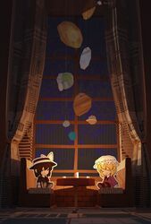  2girls blonde_hair bow brown_hair cardboard chair chibi commentary curtains dated dress english_commentary furahata_gen hat highres maribel_hearn mario_(series) mob_cap multiple_girls newspaper paper_mario parody planet shoes short_hair signature sitting sleeping style_parody table touhou usami_renko window |_| 