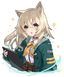  :o animal_ear_fluff animal_ears arknights belt belt_buckle blonde_hair blush bow bowtie buckle clipboard collared_shirt commentary_request cropped_torso dog_ears female green_eyes green_jacket hair_between_eyes holding holding_clipboard jacket long_hair long_sleeves looking_at_viewer open_clothes open_jacket open_mouth orange_bow orange_bowtie podenco_(arknights) satsuma_imohen shirt solo transparent_background twitter_username upper_body white_shirt 