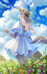  2022 absurd_res anthro ass backless_clothing backless_dress butt_pose clothing cloud dress felid female flower grass hat headgear headwear hi_res holivi jasmin_(a1rheart) lion looking_at_viewer looking_back looking_back_at_viewer mammal o-ring_dress pantherine plant pose purse sky solo stripes summer_hat sundress wide_brim_hat 