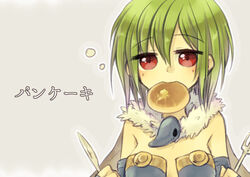  alchemist_(ragnarok_online) ark_kan blue_dress blue_gloves blush brown_cape cape commentary_request dress elbow_gloves female fingerless_gloves food food_in_mouth fork fur_collar gloves green_hair grey_background hair_between_eyes holding holding_fork holding_knife knife looking_at_viewer pancake ragnarok_online red_eyes short_hair simple_background solo strapless strapless_dress translated upper_body 