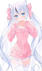  absurdres animal_ears blue_eyes blush cat_ears commission copyright_request dress female hand_on_own_face highres indie_virtual_youtuber lace-trimmed_legwear lace_trim long_hair okomeillust pink_dress pink_ribbon ribbon skeb_commission solo sweater thighhighs twintails very_long_hair virtual_youtuber white_background white_hair white_thighhighs 